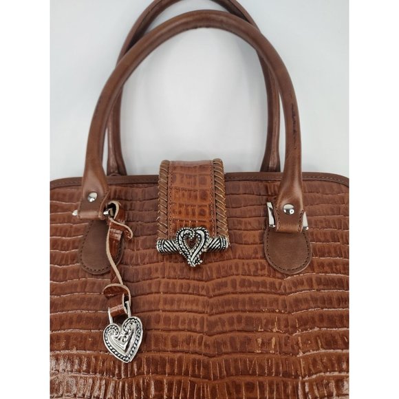 Womens Purse Brown Faux Croc Heart Charm Mom Core Braided Trim Clutch Bag - Picture 3 of 16